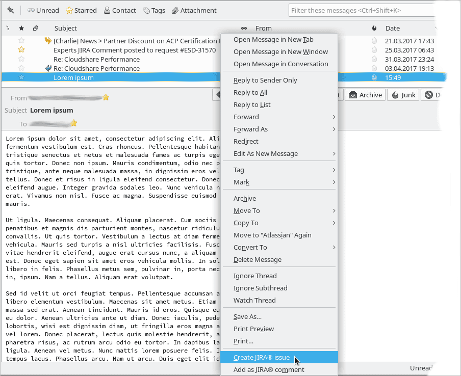 Jira-App - Teamworkx Thunderbird Integration for Jira von catworkx ermöglicht per Context-Menü Ticketerstellung oder Kommentierung